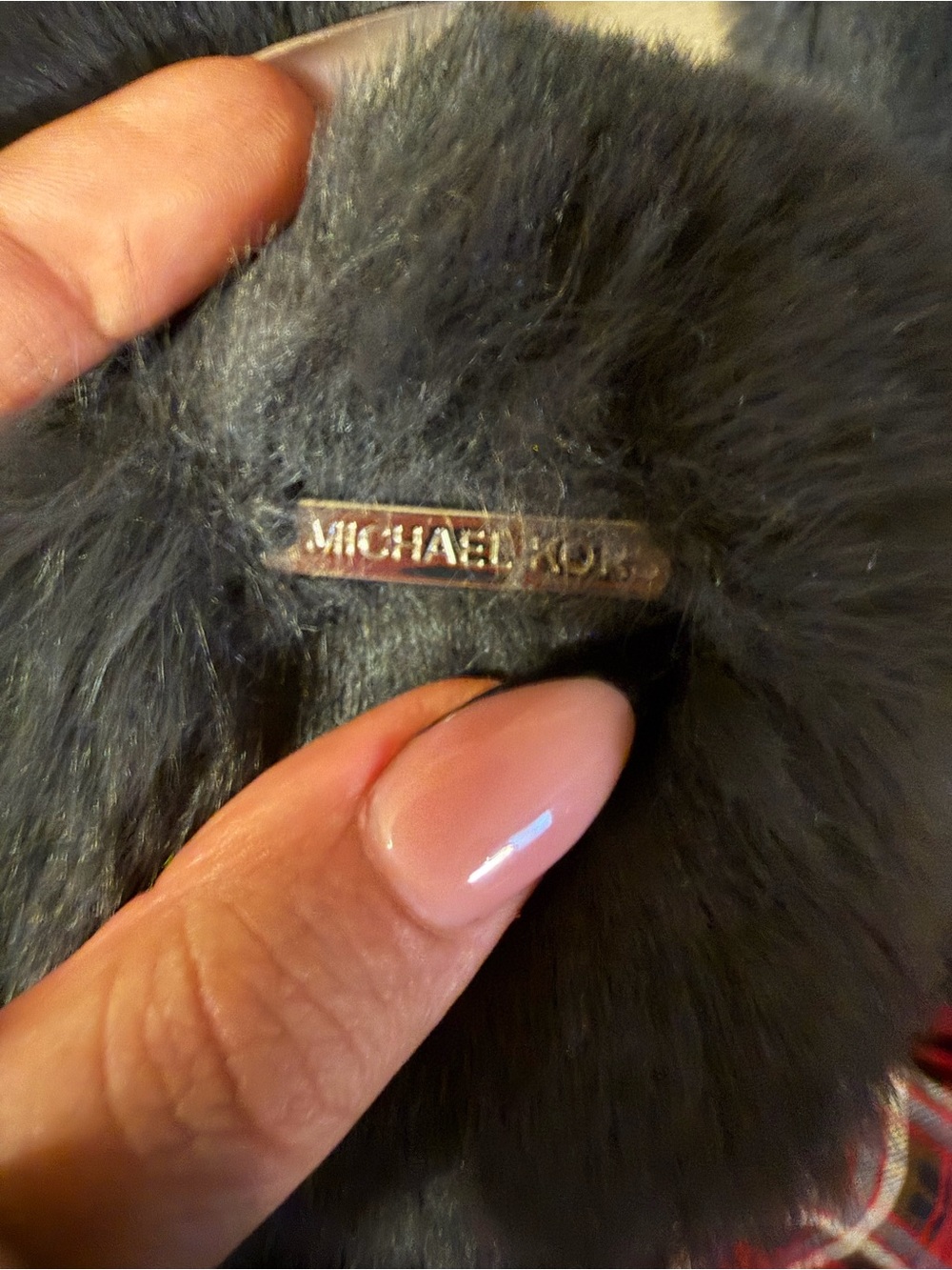 Michael Kors Black Faux Fur Pom with Gold Nameplate
